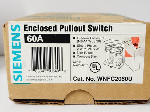 Siemens WNFC2060U Enclosed Pullout Switch Outdoor Enclosure NON FUSED Gray - Picture 3 of 7