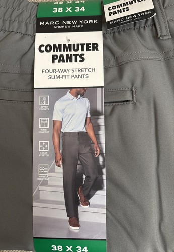 Marc New York Men’s Commuter Slim Fit 4 Way Stretch Pants, Gray, Size 38X 34 New - Picture 2 of 3