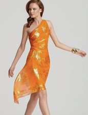 David Meister Silk Metallic Gold Foil Floral One Shoulder Orange Party Dress 2