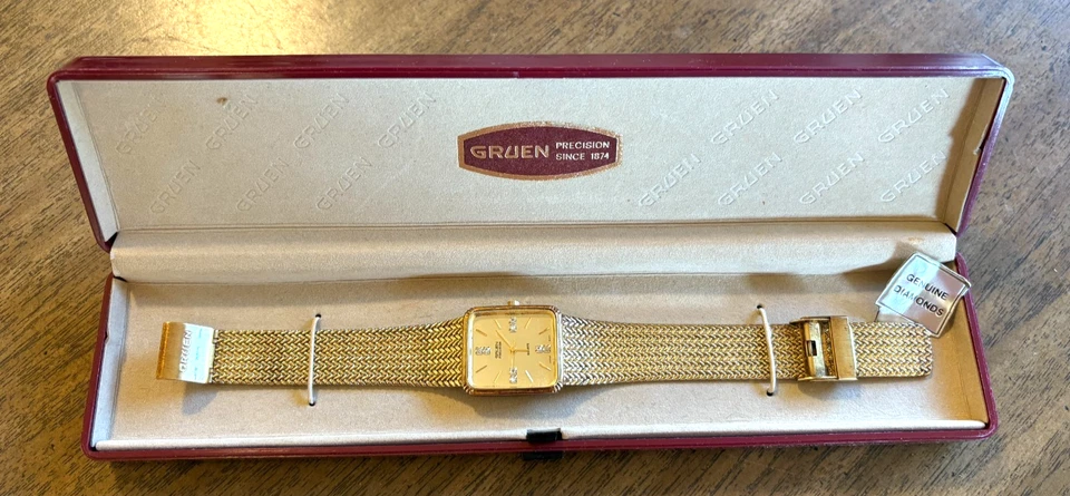 Reloj de vestir de colección GRUEN esfera de diamantes para hombre tono dorado banda de malla caja/manual original Foto 2 de 4
