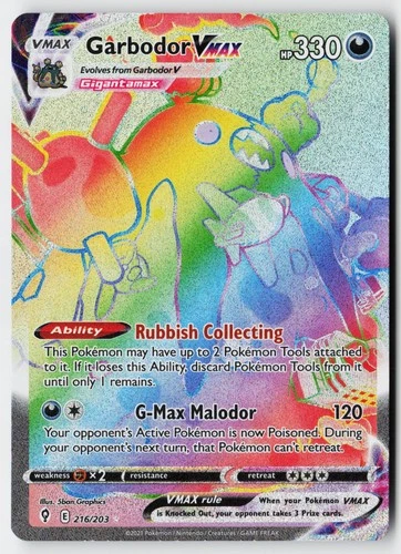 Pokemon Garbodor VMAX - 216/203 - Rainbow Rare Evolving Skies Holo NM