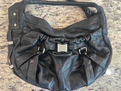 B. Makowsky Black Soft Leather Satchel  Pocket Front  Handbag Purse Biker Look