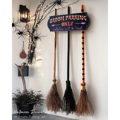 Halloween Decorations - Halloween Decor - Broom Parking Sign with 3 Wooden Witch