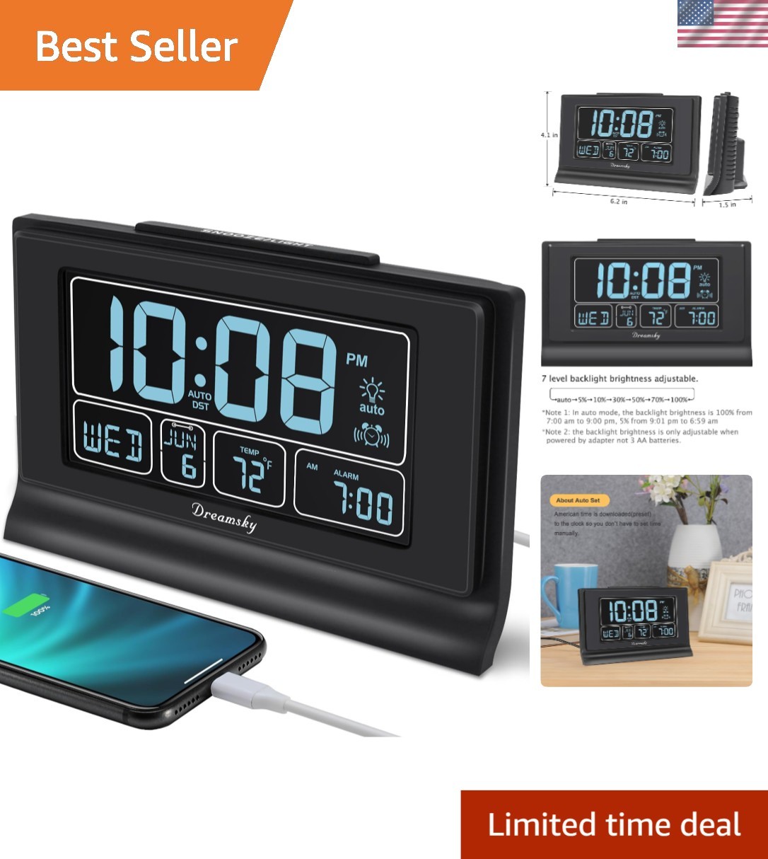 Alarm Clocks for Bedrooms with Battery Backup, Auto Set Digital Clock with Da...
