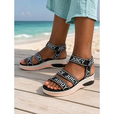 Boho Y2K Beachy Juicy Couture BlackWhite Logo Platform Light 8M Wedge Sandals