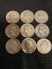 Washington Silver Quarters Lot of 9 Circulated 1944-1960 Variety US Coins