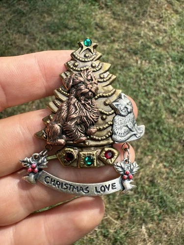 Vintage Christmas Love Bronze Copper Silver Tone Lapel Pin Brooch Cat Dog Tree