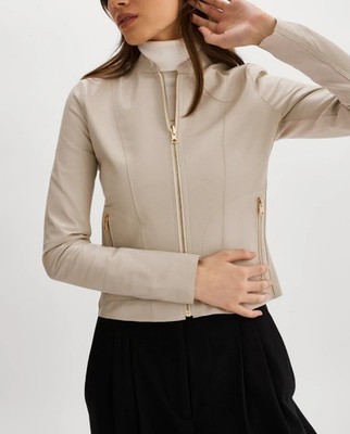 Beige Café Racer Motorcycle Biker Real Leather Jacket for Women