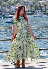 ZARA NEW MIDI BELTED COLL. FLORAL PRINT SHIRT DRESS ECRU GREEN Size L 2183/058