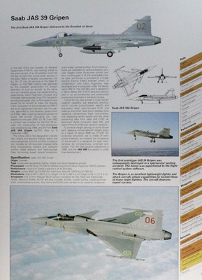 Saab JAS 39 Gripen Jet Plane Picture Vtg Aircraft Info Sheet Wall Art Decor  