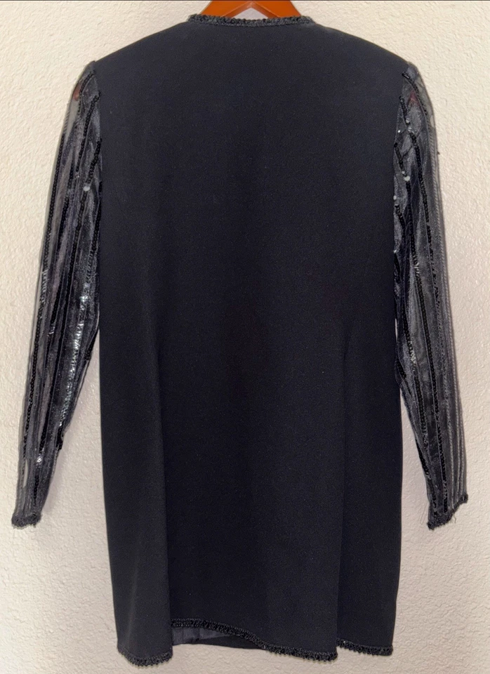 Chaqueta Larga Negra Lillie Rubin Vintage Flecos Falda Mangas Transparentes Lentejuelas Talla 6 Foto 2 de 4
