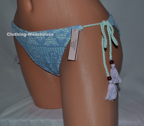 VICTORIA'S SECRET Swim Lace Classic String Swim Bottoms Crochet Blue Tassel M - Picture 2 of 3