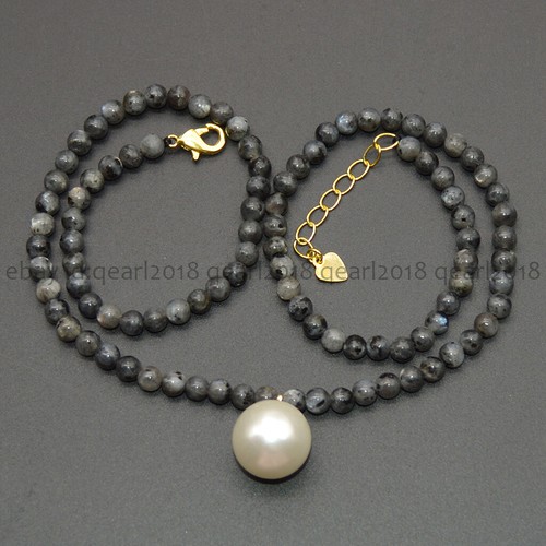 4mm Natural Assorted Gemstone 14mm Round White Shell Pearl Pendant Necklace 18'' - Picture 96 of 198