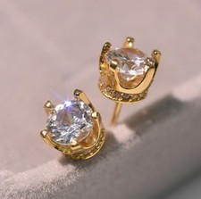 Women Gold Plated 925 STERLING SILVER STUD Queen CZ Crown Earrings 8mm