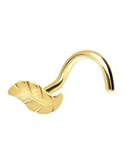 18K Gold Nose Ring Corkscrew - Dainty Shiny Leaf