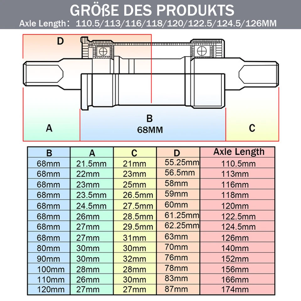 Tretlager Fahrrad Innenlager BSA 68 mm ISO vierkant Patronenlager 8 Achslängen - Bild 4 von 4