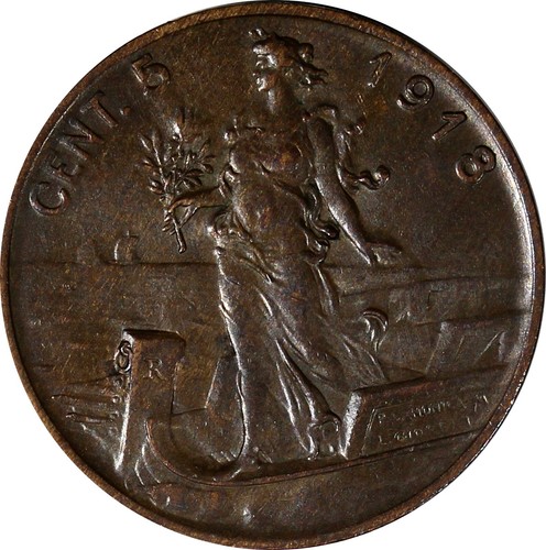 Italy Vittorio Emanuele III Bronze 1918 R 5 Centesimi Last Year aUNC KM# 42 (23) - Picture 3 of 3