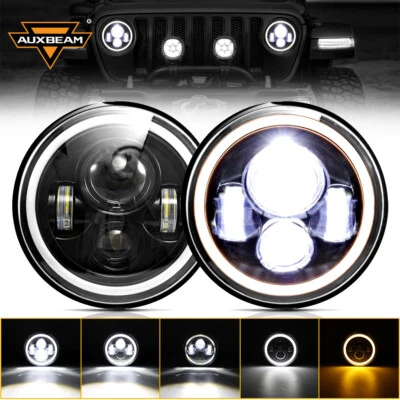 AUXBEAM HOT 7" inch Round LED Headlight Hi/Lo Turn Signal For Jeep Wrangler JK LJ TJ CJ