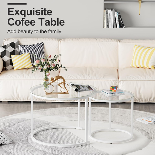 White Nesting Glass Table Set of 2, Small Glass round Nesting Tables for Living - Picture 4 of 9