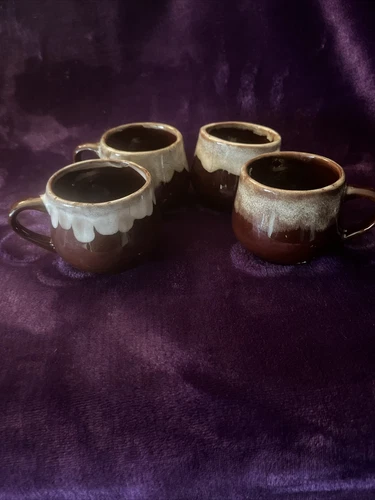 Set of 4. Vintage McCoy 7025 USA Brown Drip Glaze Coffee Round  Mug
