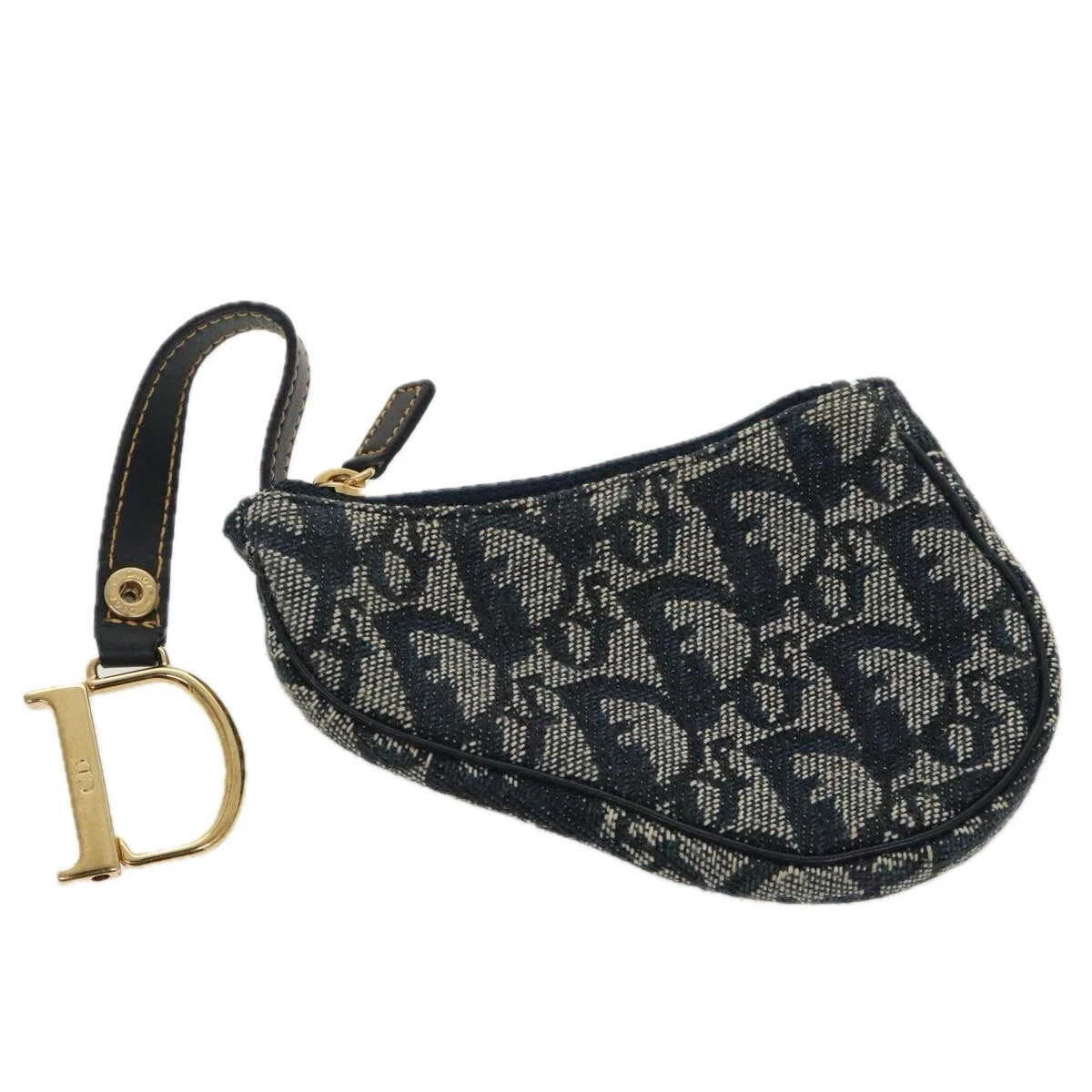 Pochette de selle toile Christian Dior trotteur bleu marine or authentique 96994