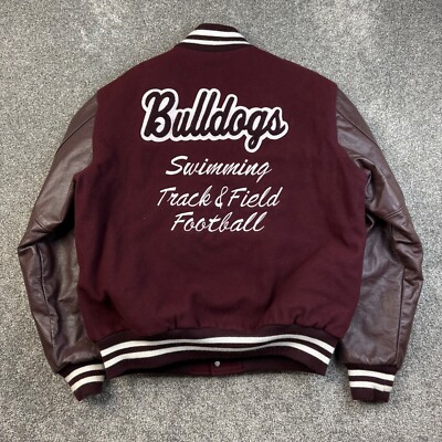 Vintage Ferris State Bulldogs Varsity Jacket Mens Large Long Burgundy Red FSU