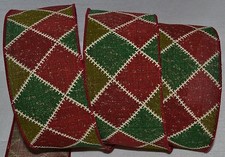 Wired Ribbon Woven Christmas Diamond Red Green Ivory Wreath Holiday Gift Bow