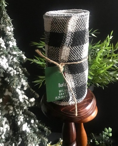 BLACK & WHITE BUFFALO CHECK PLAID JUTE BURLAP WIDE TRIM RIBBON ROLL- 6" x 15 FT - Picture 2 of 11