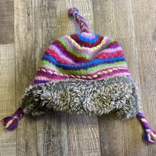 Everest Kids Hat Ear Flaps Wool Lined Knit Rainbow Stripped One Size Faux Fur