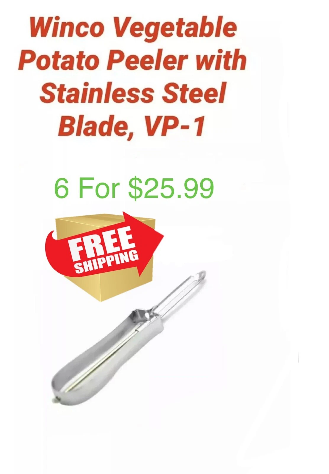 6 Winco Vegetable Potato Peelers with Stainless Steel Blade, VP-1