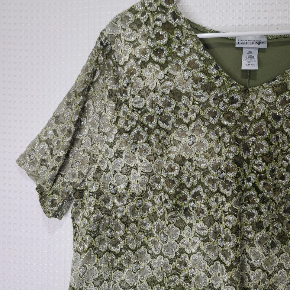 Blusa Forrada Maggie Barnes Catherines Para Mujer 2X Verde Encaje Floral Manga Corta Foto 3 de 4