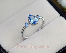 Natural 6X9MM Pear Cut Aquamarine Gemstone 925 Sterling Silver Love Ring For Her