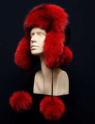 Genuine Real Blue Pure Red Fox Fur Womens Trapper Classic Ushanka Winter Pom Pom