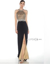 Alyce Paris Beaded Sequin Evening Wedding Prom dress size 2 Black W/ High Slit