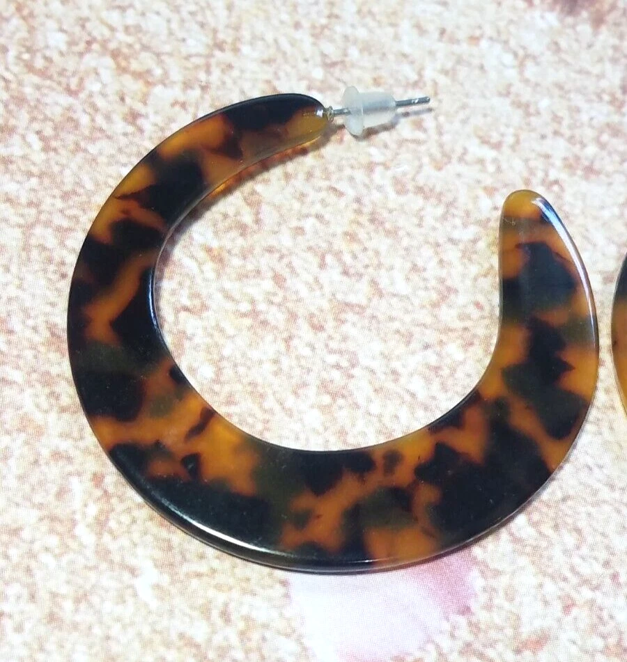 Vintage Tortoiseshell Flat Thin Large Hoop Acrylic Post Earrings Lightweight Foto 4 de 4