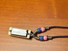 Blue Note Mini Harmonica Necklace Playable Pendant Blue Pink Beads On Black Cord