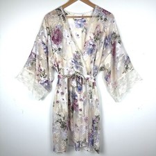 Vtg California Dynasty Robe Sheer Burnout Floral Kimono Fairy Cottage Boho USA L