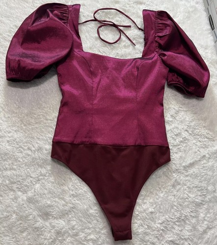 Majorelle Deep Wine Color Body Suit Square Neck Puff Sleeve Zip/ Tie Back Sz S - Picture 3 of 8