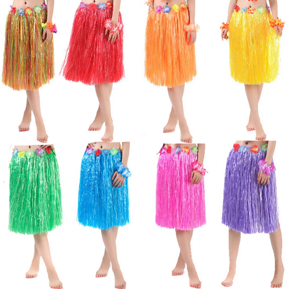 Hawaiian Dress Skirt Hula Grass Skirt With Flower Accessories Adult Lady  Costum!