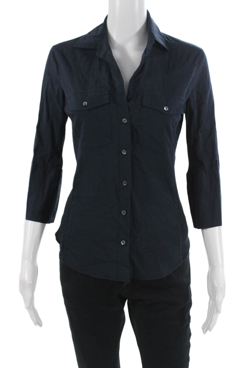 Standard James Perse Women Dark Blue Cotton Button-Up 3/4 Sleeve Size 1Free Shipping in US $100+ Orders | $6.95 Orders Below