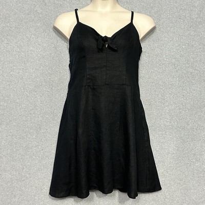 Sanctuary Women Dress 14 Take Away Black Linen Tie Keyhole Smocked Beachy Casual