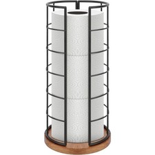 Freestanding Toilet Paper Organizer Stand with Wooden Base Holds 3 Rolls Metal