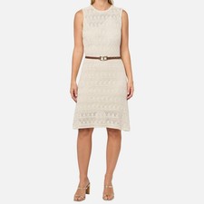 Halston Women's Ivory Crochet Sleeveless Belted A-Line Dress Size M