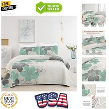 3 Pieces Quilt Set California King Green Floral Pattern Quilt Coverlet Elegan...