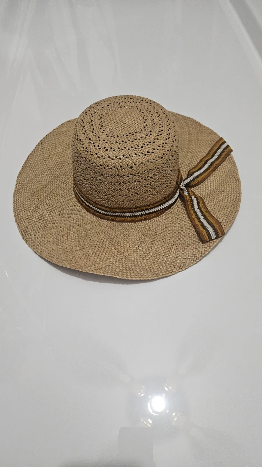 Beige Straw Wide Brim Sun Hat with Striped Ribbon Bow, Lightweight, Women's