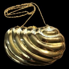 Vtg 60s Clutch Gold Tone Hard Shell Metal Evening Bag Purse Chain Hong Kong Bean