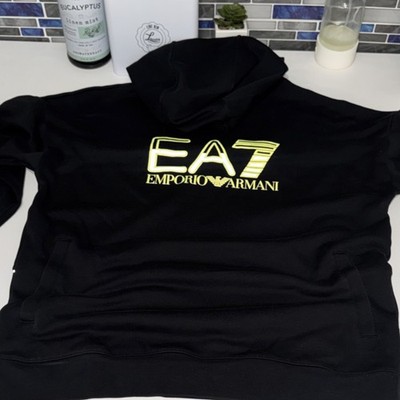 Emporio Armani EA7 Black Pullover Hoodie Gold Logo Fleece L Men