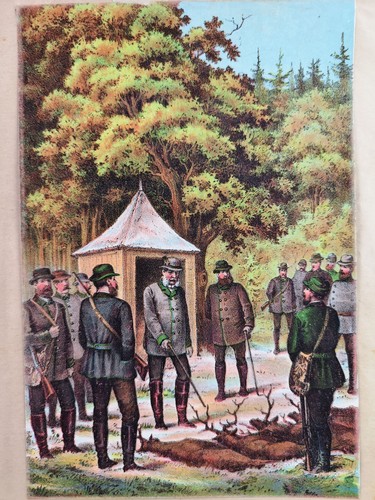 Chromolithograph from 1888.  Kaiser Wilhelm on the court hunt in Blankenburg, Okto