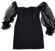 Shein Mini Cocktail Party Dress Small Black Sheer Long Puff Sleeve Chic Bodycon