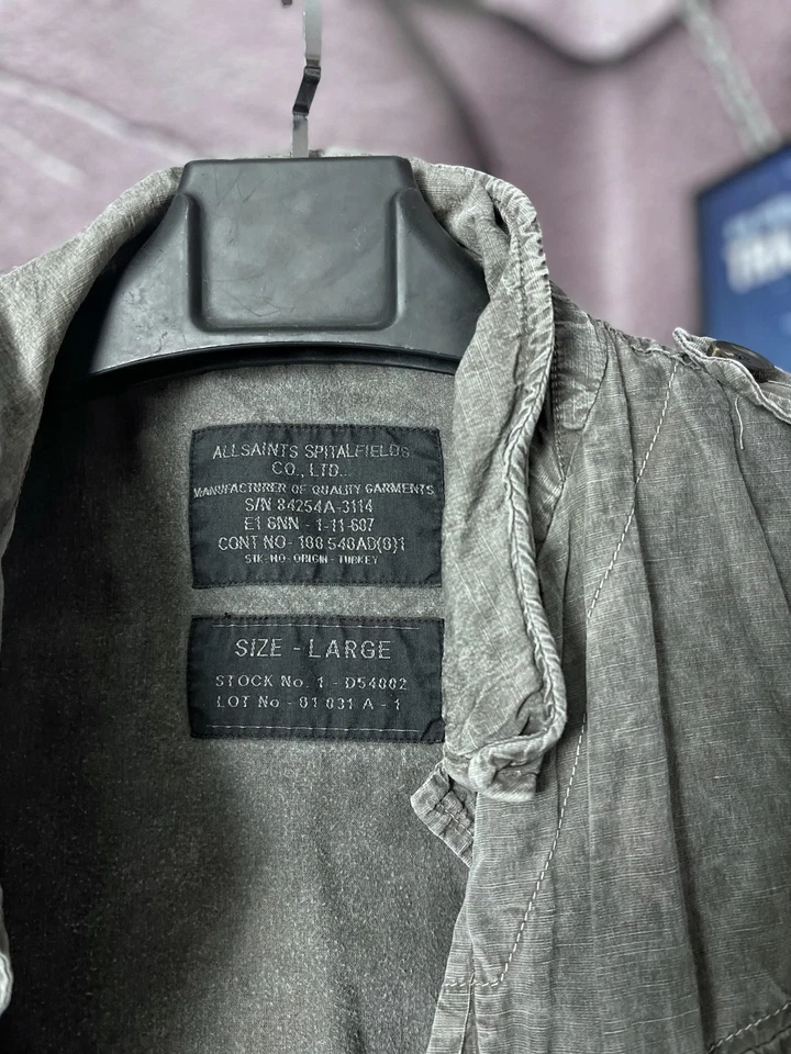 AllSaints Spitalfields Military Field Jacket Gray Linen Blend Utility L - Image 4 of 4